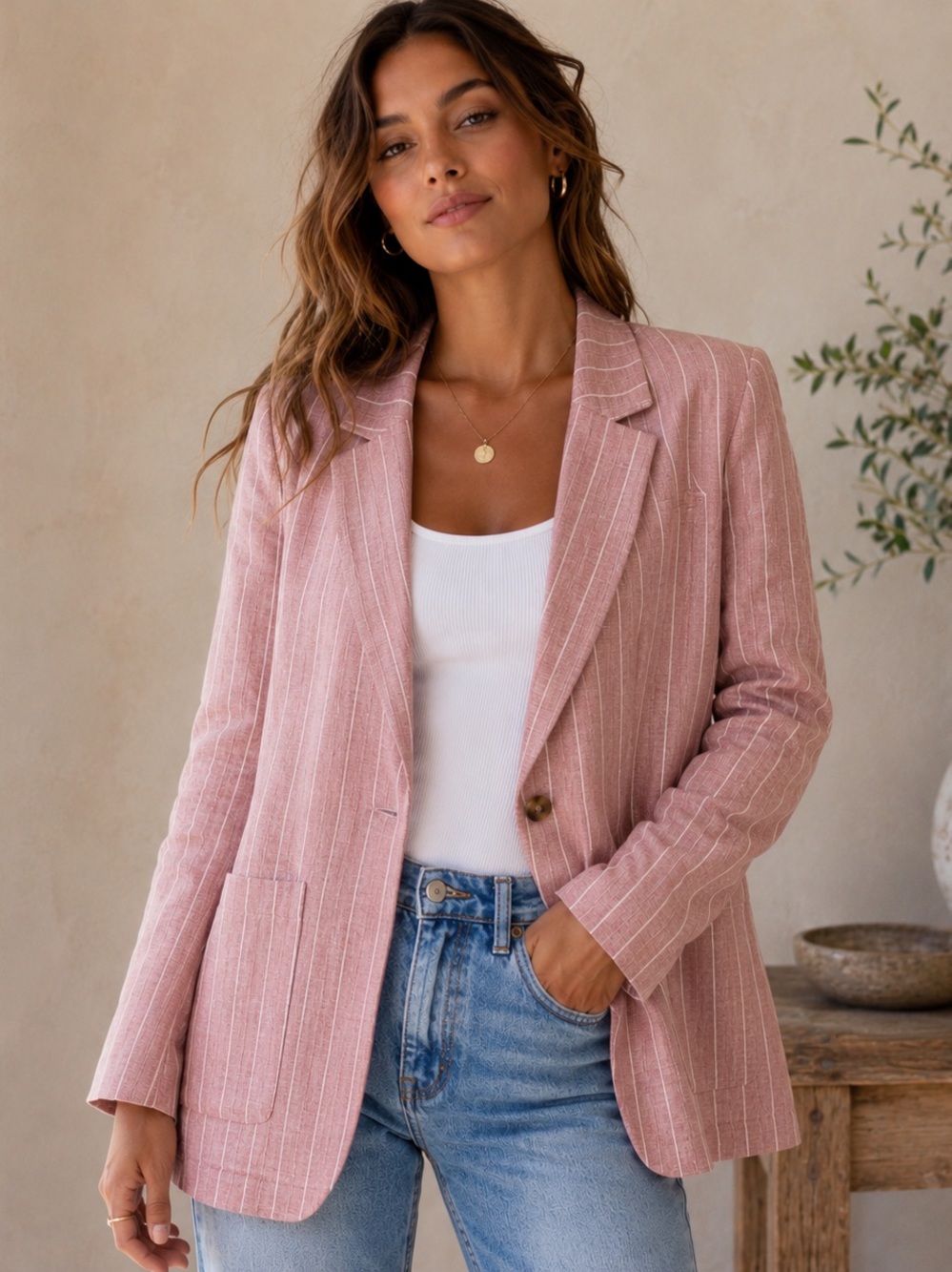 Linen Blend Dusty Rose Pinstripe Oversized Blazer
